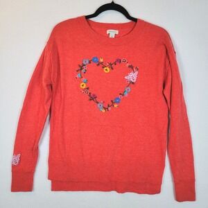 Sundance Womens Heart Floral Embroidered Wool Sweater Size Small Red Love Cozy